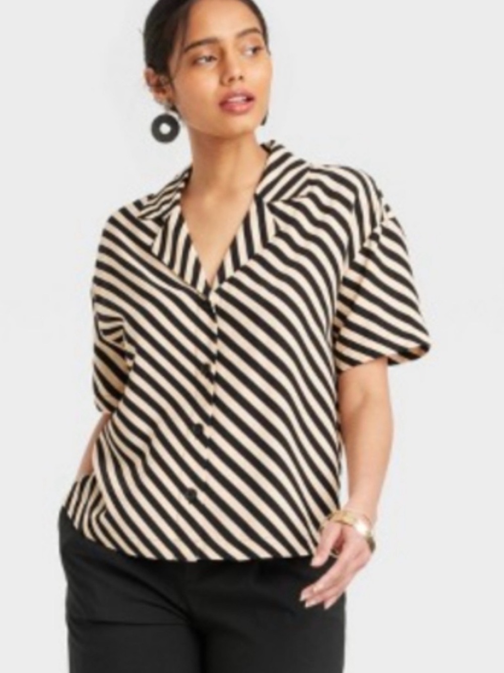 A New Day Striped Short-Sleeve Button Front Top in Beige and Black
